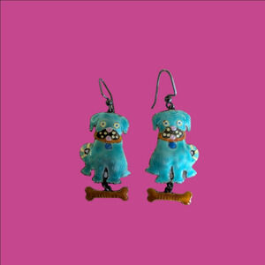 Vintage Earrings Dog Sterling Silver  Enamel Moveable Bone Charms